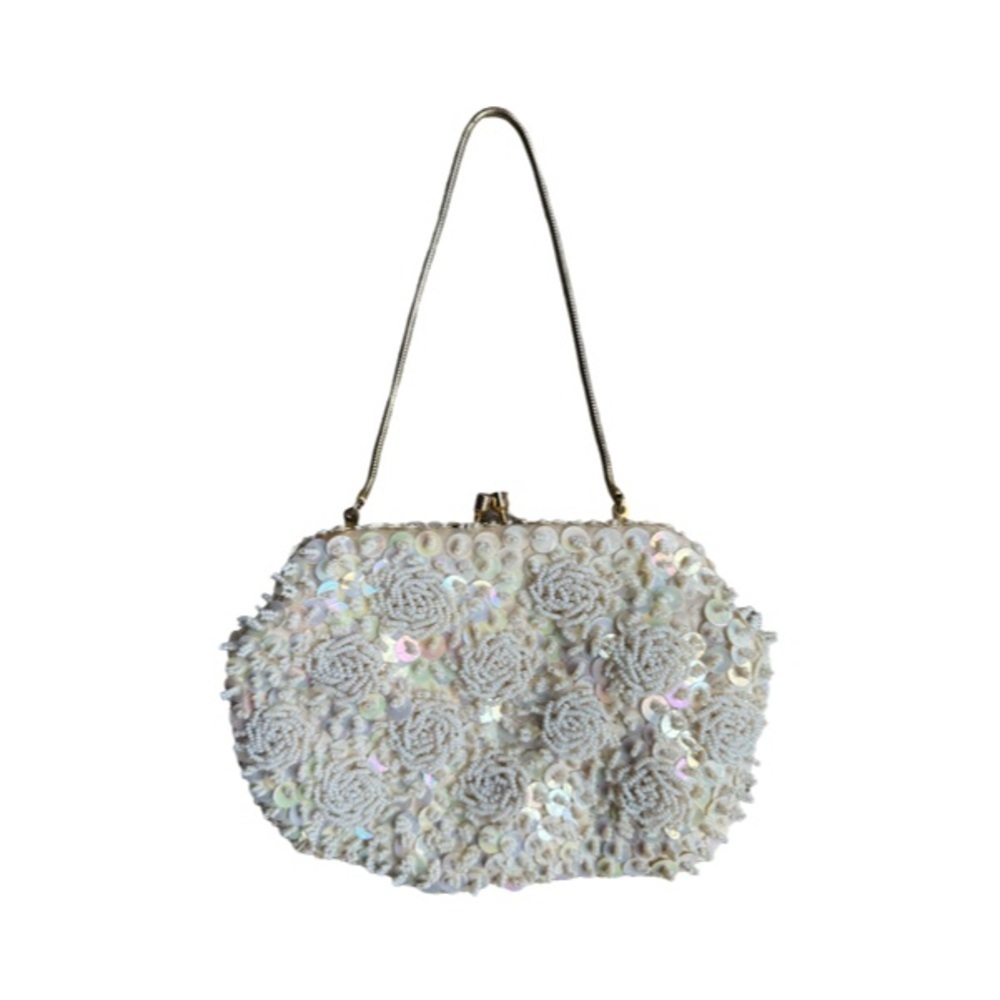Vintage Elegant Cream Beaded and Sequined Evening Bag made in Hong Kong - Picture 2 of 8